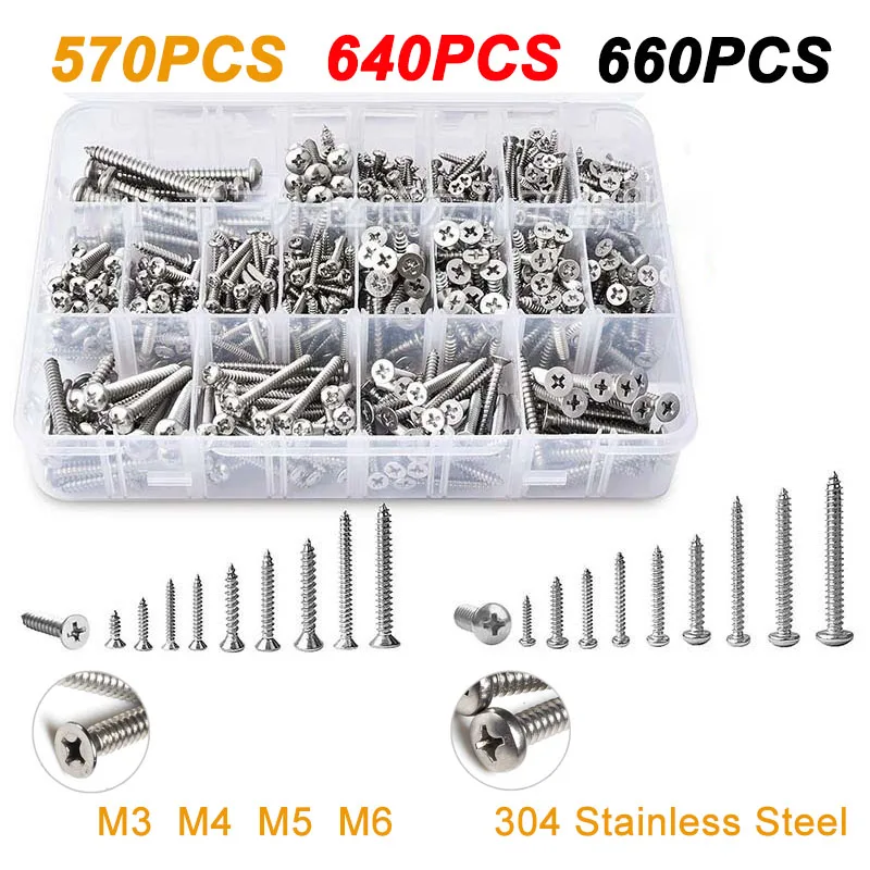 M3/M4/M5/M6 Self Tapping Screws Assortment Set 304 Stainless Steel Sheet Metal Screws Kit Phillips Drive Wood Screw Metal Screws
M3/M4/M5/M6 Self Tapping Screws Assortment Set 304 Stainless Steel Sheet Metal Screws Kit Phillips Drive Wood Screw Metal Screws