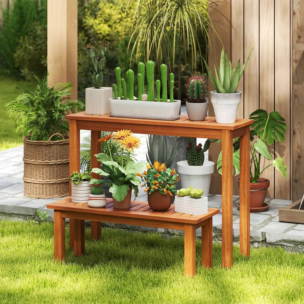 Wooden Plant Stand Set of 2, Outdoor Indoor Solid Wood Flower Pot Holder Display Shelf w Teak Oil Finish, Slatted Top, Rustic P
Wooden Plant Stand Set of 2, Outdoor Indoor Solid Wood Flower Pot Holder Display Shelf w Teak Oil Finish, Slatted Top, Rustic P