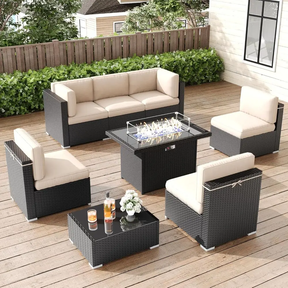 8-Piece Outdoor Patio Furniture Set with Fire Pit Table, Black Rattan Modular Sectional Sofa
8-Piece Outdoor Patio Furniture Set with Fire Pit Table, Black Rattan Modular Sectional Sofa