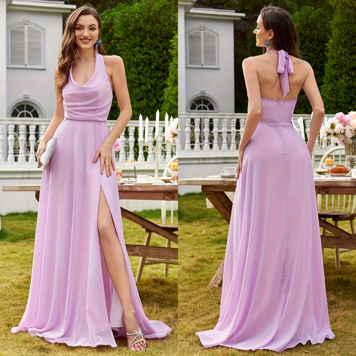 Elegant Chic Halter Sleeveless Evening Dresses V-neck A-line High Split Ruffles Cocktail Party Gowns Customized
Elegant Chic Halter Sleeveless Evening Dresses V-neck A-line High Split Ruffles Cocktail Party Gowns Customized