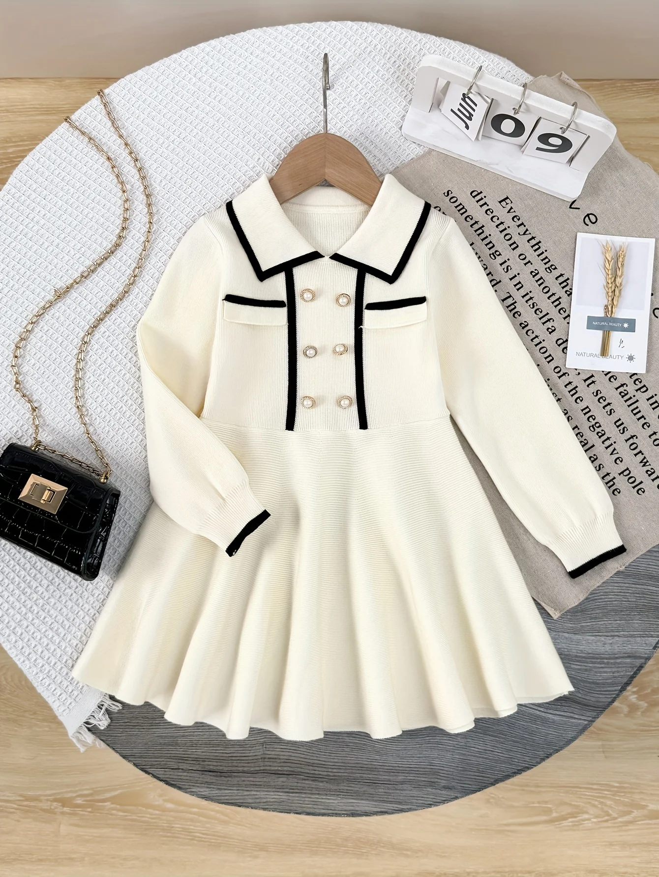 Girls' Navy Collar Korean Style Fashion Versatile Long Sleeve Black Trim Knit Dress with Imitation Pearl Buttons Ruffle Hem
Girls' Navy Collar Korean Style Fashion Versatile Long Sleeve Black Trim Knit Dress with Imitation Pearl Buttons Ruffle Hem