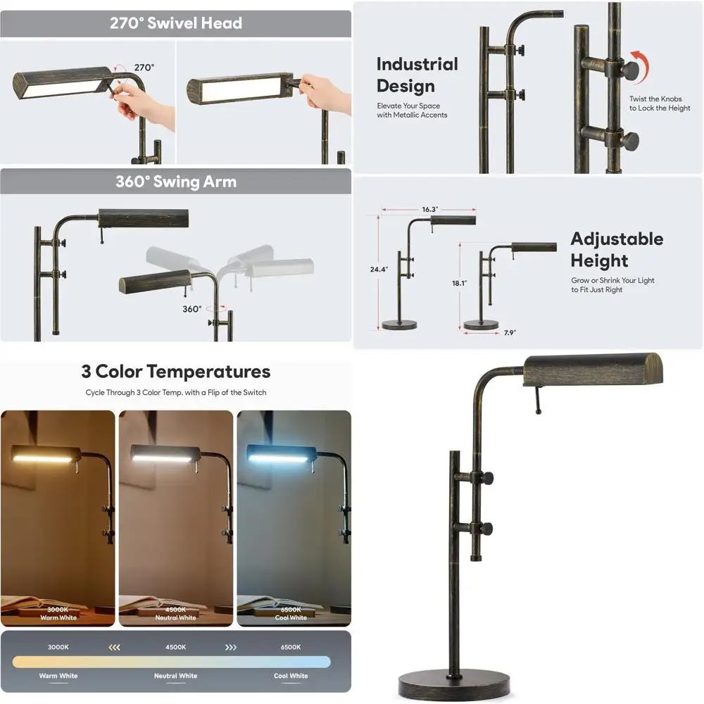 Adjustable Industrial Metal Desk Lamp with 3 LED Color Temperatures for Reading, Living Room, and Bedroom in Antique Black
Adjustable Industrial Metal Desk Lamp with 3 LED Color Temperatures for Reading, Living Room, and Bedroom in Antique Black