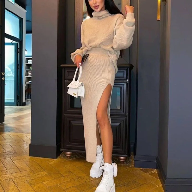 Loose Fitting Pullover Sweater Women's Knitting High Neck Top Split Sexy Long Skirt Autumn Winter Fashion Leisure Two Piece Set
Loose Fitting Pullover Sweater Women's Knitting High Neck Top Split Sexy Long Skirt Autumn Winter Fashion Leisure Two Piece Set