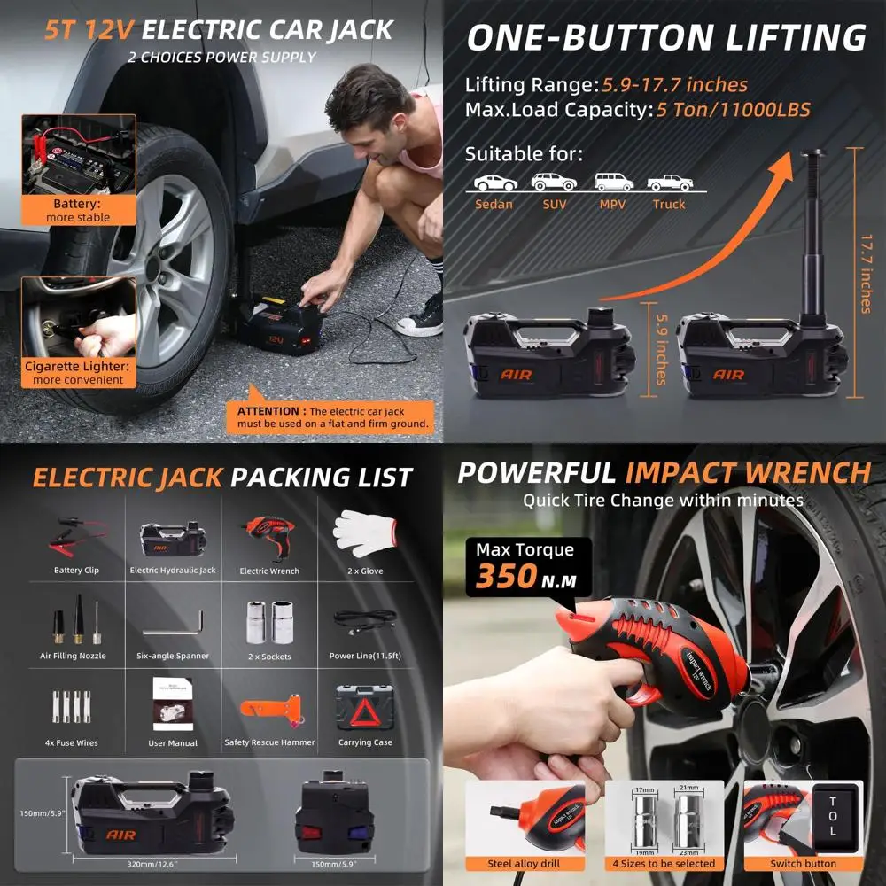 Комплект 5-тонного электрического автомобильного домкрата 12 В с ударным ключом и накачивателем шин для внедорожников, седанов и грузовиков — ремонт дорог и гаража
Комплект 5-тонного электрического автомобильного домкрата 12 В с ударным ключом и накачивателем шин для внедорожников, седанов и грузовиков — ремонт дорог и гаража