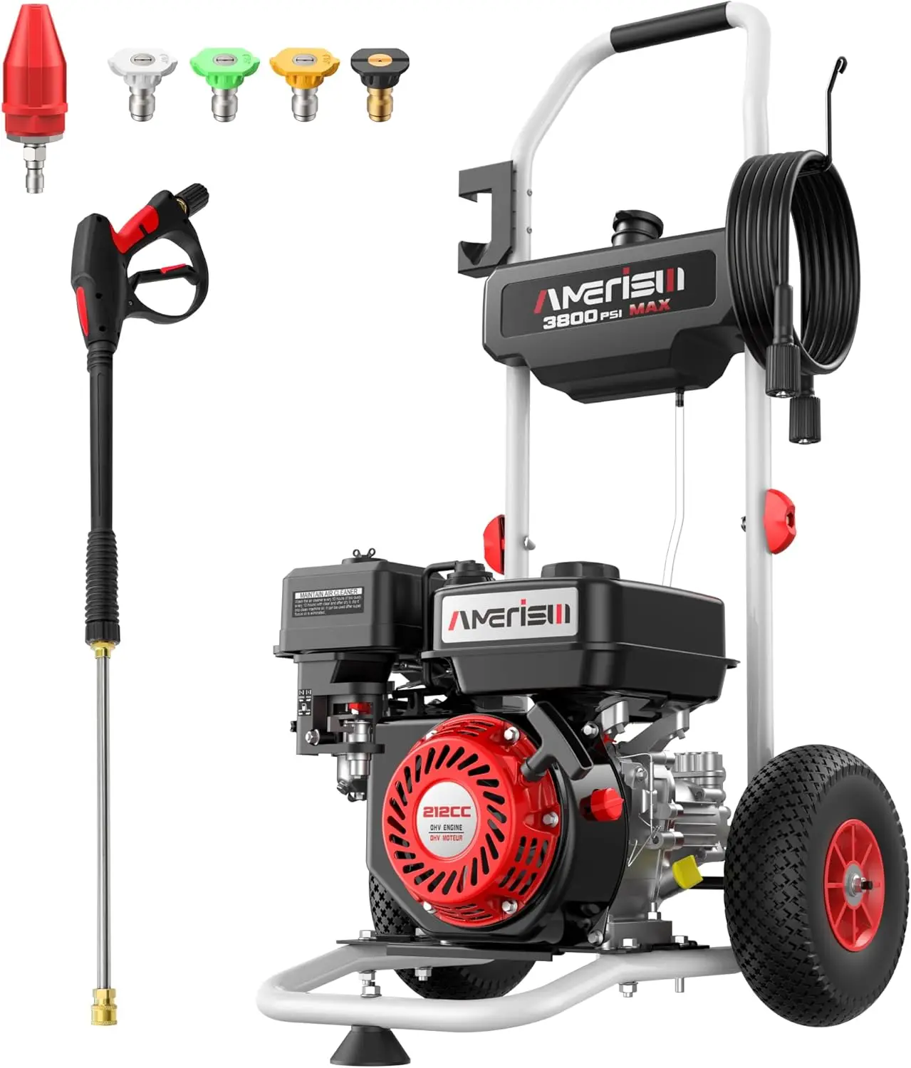 3800 PSI Gas Pressure Washer 2.5 GPM with 212cc 4-Stroke OHV Engine, 5 Quick-Connect Nozzles & 10" Wheels, Heavy Duty Power
3800 PSI Gas Pressure Washer 2.5 GPM with 212cc 4-Stroke OHV Engine, 5 Quick-Connect Nozzles & 10" Wheels, Heavy Duty Power