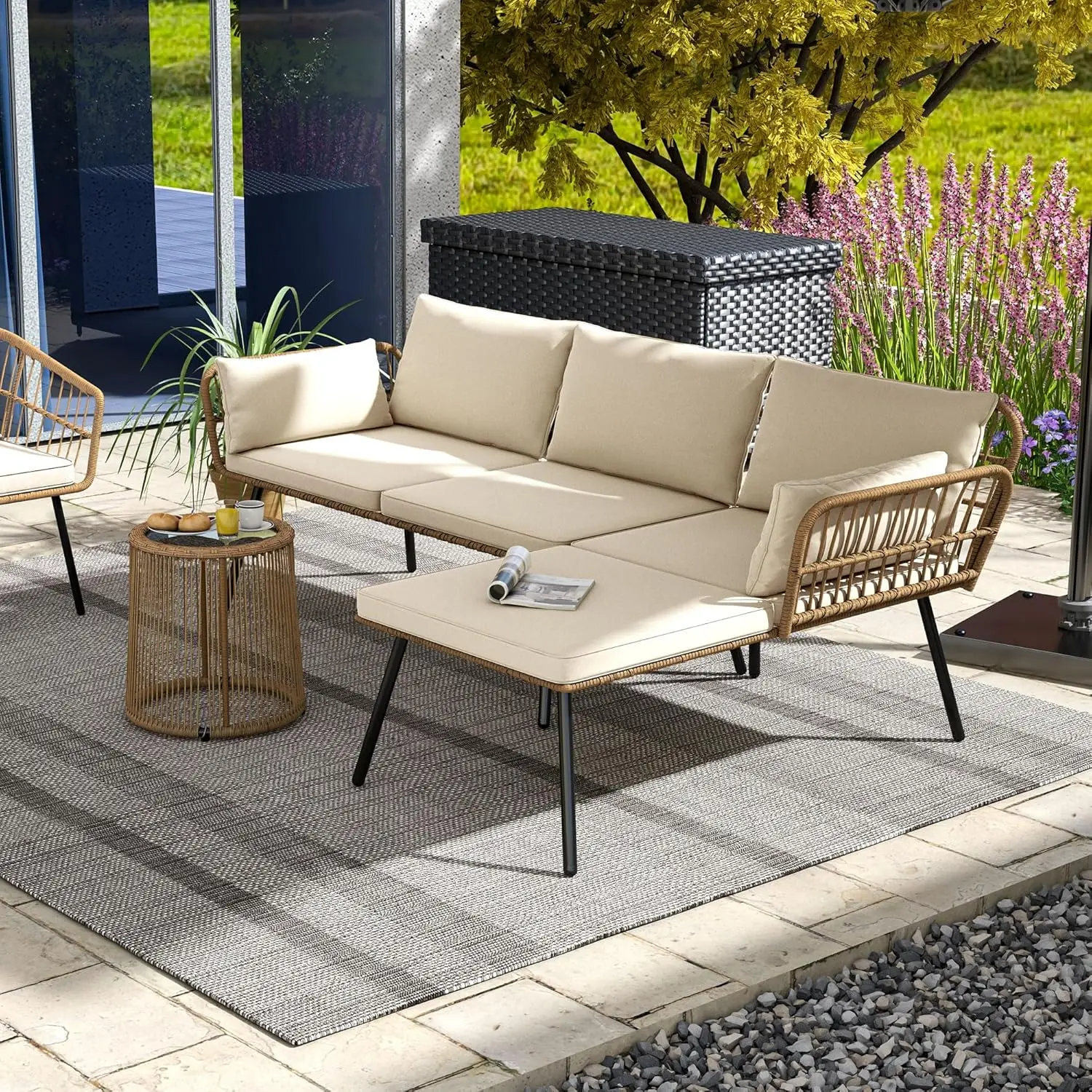 Patio Furniture Set 3 Piece Outdoor Wicker Conversation Set with Detachable Cushions and Coffee Table L-Shaped Sectional Sofa
Patio Furniture Set 3 Piece Outdoor Wicker Conversation Set with Detachable Cushions and Coffee Table L-Shaped Sectional Sofa