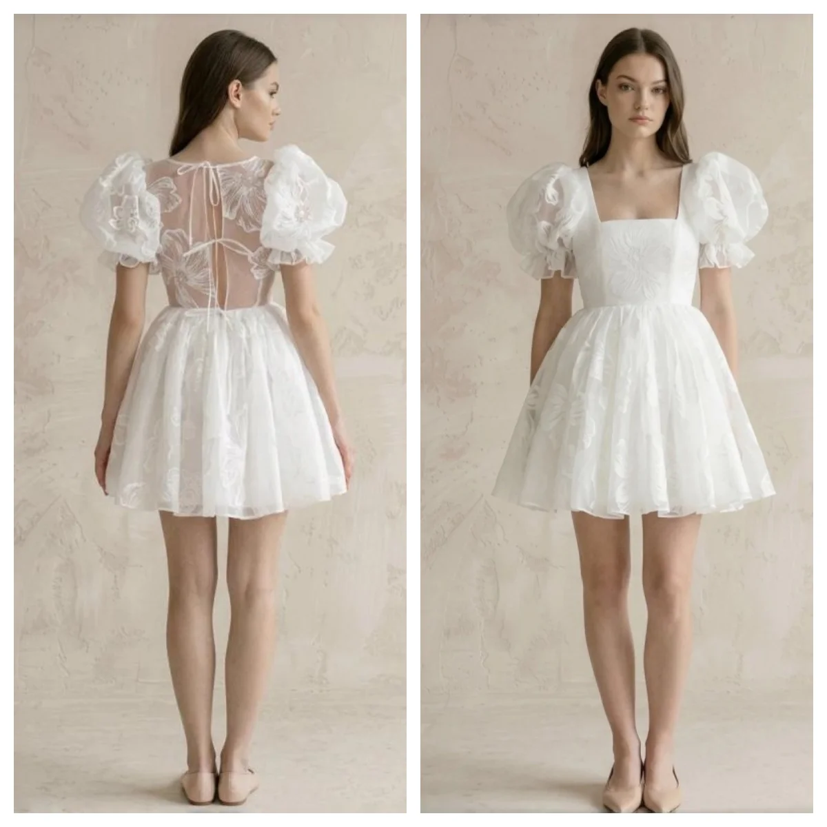 Square Neck Puff Sleeve Floral Organza Mini Wedding Dress Lace-Up Back High Waist A-Line Skirt Evening Gowns Customizable
Square Neck Puff Sleeve Floral Organza Mini Wedding Dress Lace-Up Back High Waist A-Line Skirt Evening Gowns Customizable