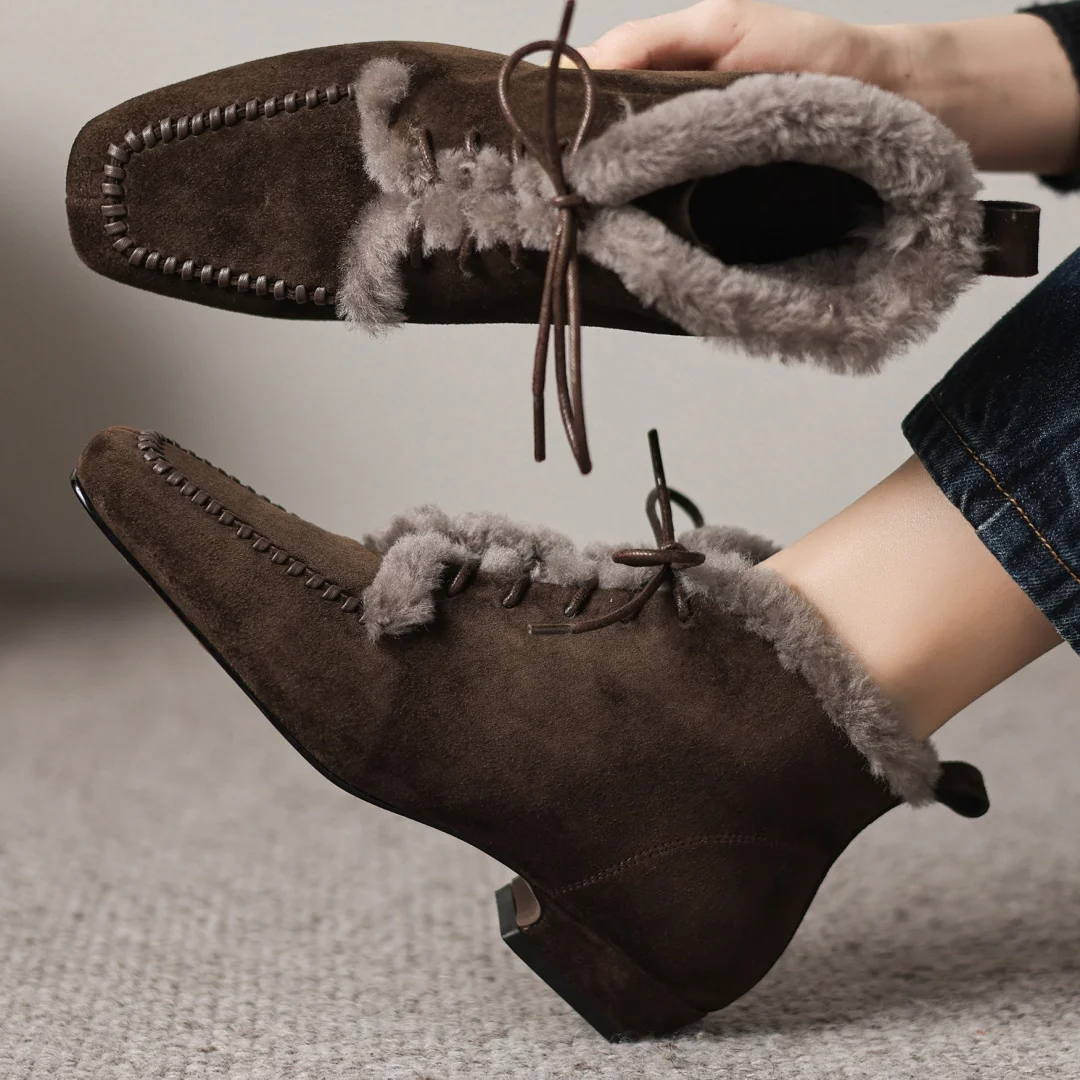 Women's natural suede leather square toe lace-up wool inside winter ankle snow boots 3.5cm kitten heel casual flats short boots
Women's natural suede leather square toe lace-up wool inside winter ankle snow boots 3.5cm kitten heel casual flats short boots