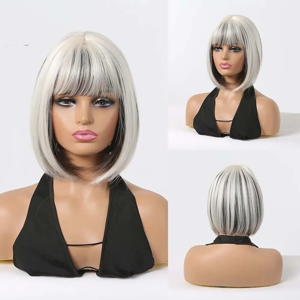 Short Straight Bob Synthetic Hair White Mixed Black Wig With Bangs For Women Daily Wear Cosplay Wig
Short Straight Bob Synthetic Hair White Mixed Black Wig With Bangs For Women Daily Wear Cosplay Wig