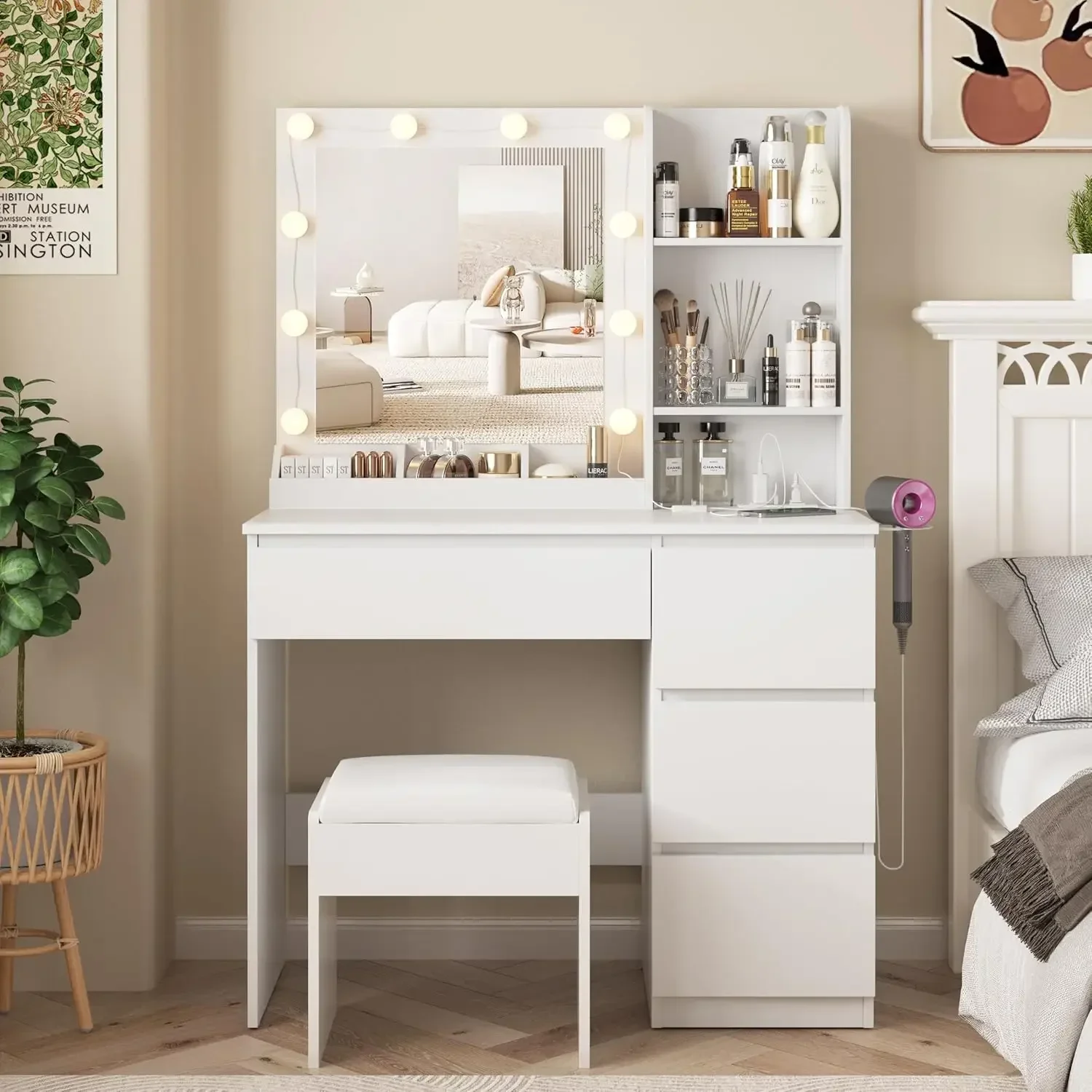 Makeup Vanity Desk Set with Mirror & Light, Dressing Table Storage Lots with Power Strip, 3 Lighting Modes with Adjustable
Makeup Vanity Desk Set with Mirror & Light, Dressing Table Storage Lots with Power Strip, 3 Lighting Modes with Adjustable