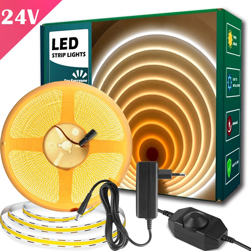24V COB LED Strip Lights 120LEDs/M Dimmable Warm White Flexible Strip with Power Adapter
24V COB LED Strip Lights 120LEDs/M Dimmable Warm White Flexible Strip with Power Adapter