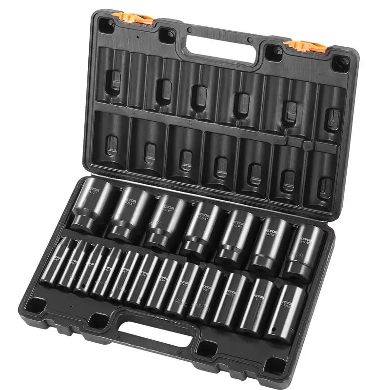 19-Piece 1/2" Drive Impact Socket Set, Deep 6-Point Sockets, Cr-V Construction, Includes 3/8" to 1-1/2" Sizes, Rugged Design
19-Piece 1/2" Drive Impact Socket Set, Deep 6-Point Sockets, Cr-V Construction, Includes 3/8" to 1-1/2" Sizes, Rugged Design