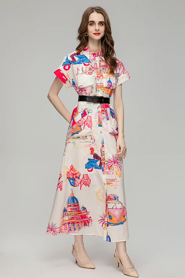 New Fashion Summer Designer Vintage Women's Turn-down Collar Single Breasted Multi Pocket Sashes Print Long Dress
New Fashion Summer Designer Vintage Women's Turn-down Collar Single Breasted Multi Pocket Sashes Print Long Dress