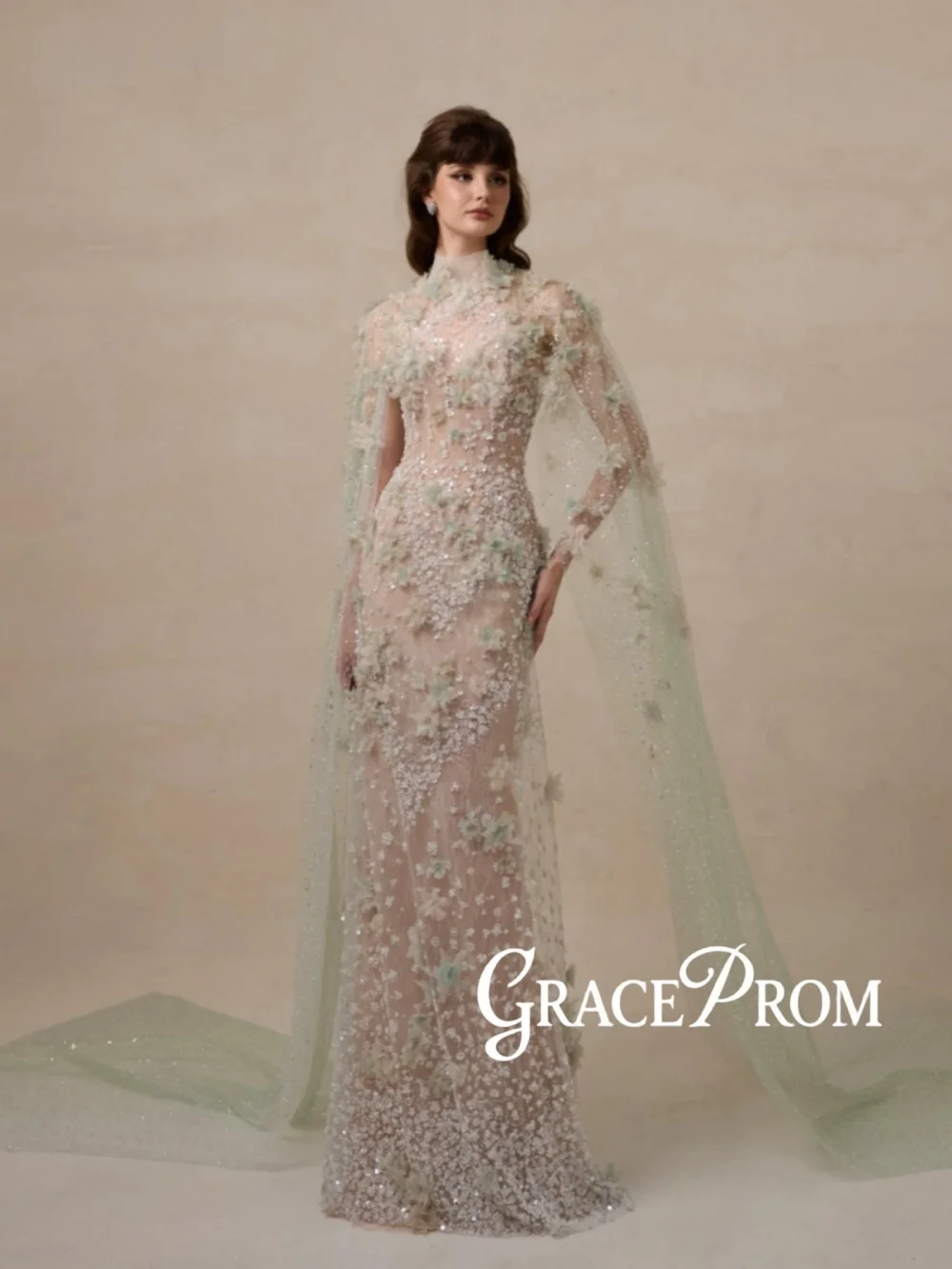 Mint Green Beaded Evening Dress Handmade 3D Floral Cape Sleeve Wedding Party Gowns Customized Luxury Mermaid Banquet Gowns
Mint Green Beaded Evening Dress Handmade 3D Floral Cape Sleeve Wedding Party Gowns Customized Luxury Mermaid Banquet Gowns