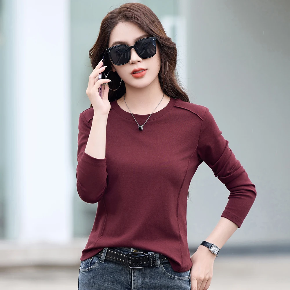 Korean style wine red long sleeved T-shirt for women's autumn new high-end cotton fashion plus size round neck casual top
Korean style wine red long sleeved T-shirt for women's autumn new high-end cotton fashion plus size round neck casual top