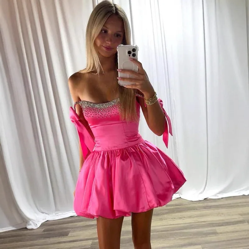 Fashion Pink Short Prom Birthday Dress 2026 Straps Bow Crystal Beads Satin Evening Formal Party Gown for Women Robe De Soriee
Fashion Pink Short Prom Birthday Dress 2026 Straps Bow Crystal Beads Satin Evening Formal Party Gown for Women Robe De Soriee