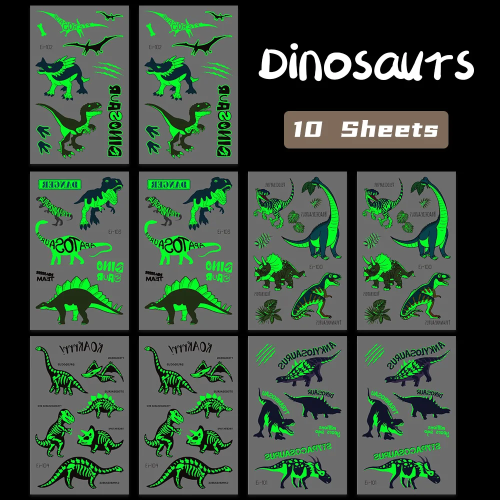 10 Sheets Luminous Dinosaur Temporary Tattoos, Waterproof Glow In The Dark T-Rex Pterosaur Velociraptor Triceratops Stegosaur De
10 Sheets Luminous Dinosaur Temporary Tattoos, Waterproof Glow In The Dark T-Rex Pterosaur Velociraptor Triceratops Stegosaur De