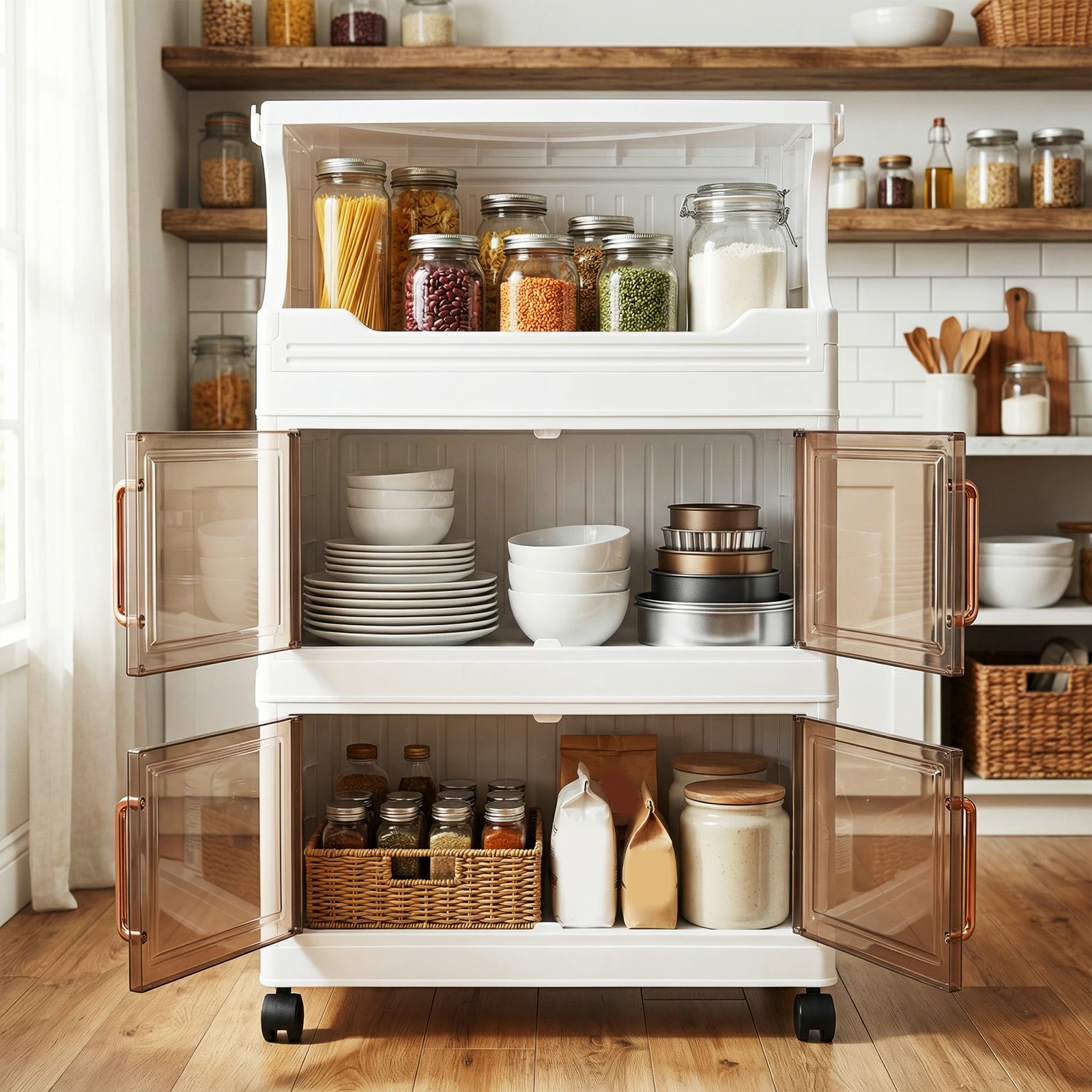 3 Tier Collapsible Storage Boxes with Doors and Wheels 42cm Stackable Closet Organizer for Craft Home Pantry DormTransparent
3 Tier Collapsible Storage Boxes with Doors and Wheels 42cm Stackable Closet Organizer for Craft Home Pantry DormTransparent