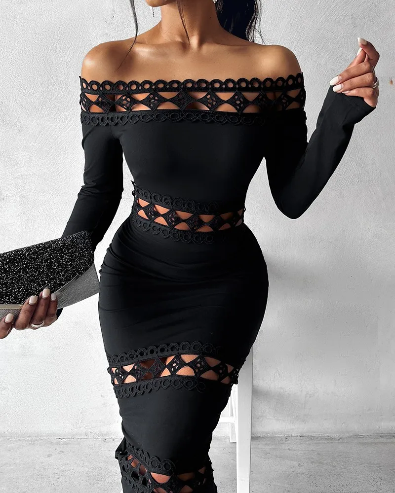 Sexy Midi Dress Women Off-Shoulder Lace Stitching Sheath Dresses Long Sleeve Bodycon Hollow out Slash Collar Trendy vestidos
Sexy Midi Dress Women Off-Shoulder Lace Stitching Sheath Dresses Long Sleeve Bodycon Hollow out Slash Collar Trendy vestidos