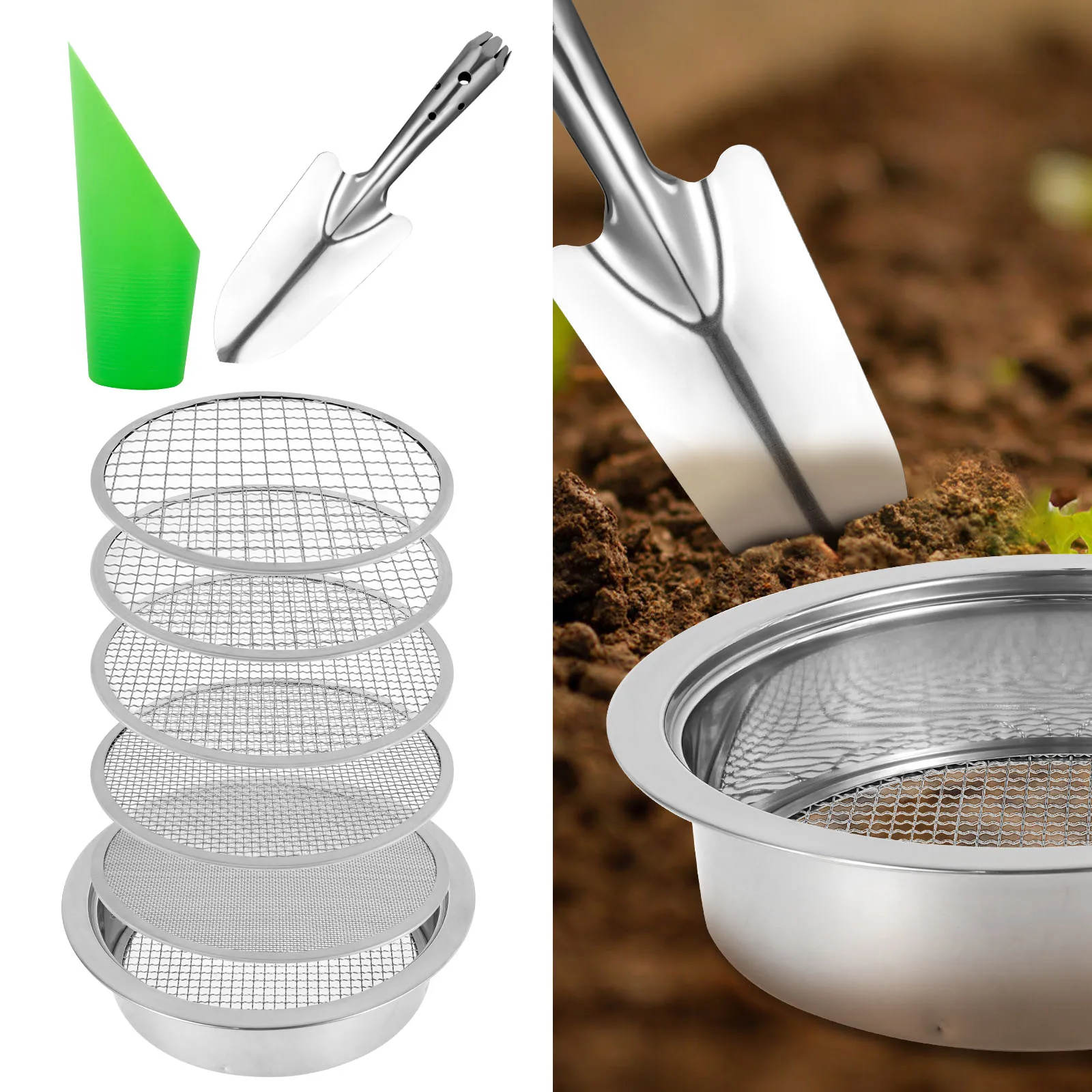 Garden Soil Sieve Set Stainless Steel Bonsai Rock Sifter with 5 Interchangeable Filter Mesh Sizes 1/3/6/9/12mm Compost Sifter
Garden Soil Sieve Set Stainless Steel Bonsai Rock Sifter with 5 Interchangeable Filter Mesh Sizes 1/3/6/9/12mm Compost Sifter