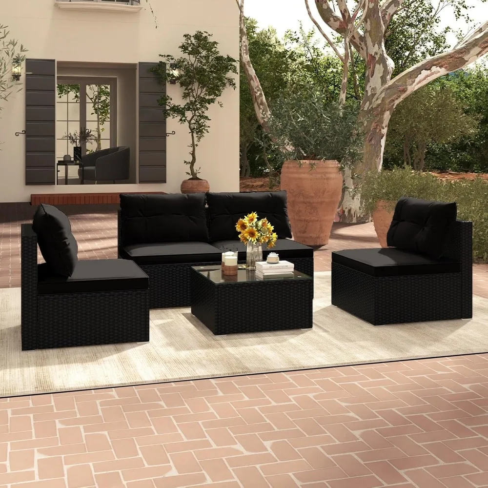 5-Piece Outdoor Patio Furniture Set, Rattan Sectional Sofa Set w/Glass-Top Coffee Table, Soft Seat & Back Cushions,
5-Piece Outdoor Patio Furniture Set, Rattan Sectional Sofa Set w/Glass-Top Coffee Table, Soft Seat & Back Cushions,
