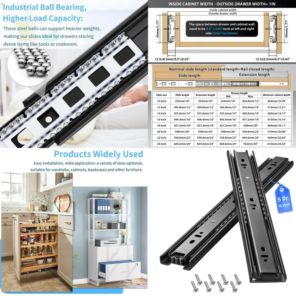 Pair of 12 Inch Extension Slides with Side Mount Rails for Drawer Cabinet, Ball Bearing Tracks, 100 LB Capacity
Pair of 12 Inch Extension Slides with Side Mount Rails for Drawer Cabinet, Ball Bearing Tracks, 100 LB Capacity