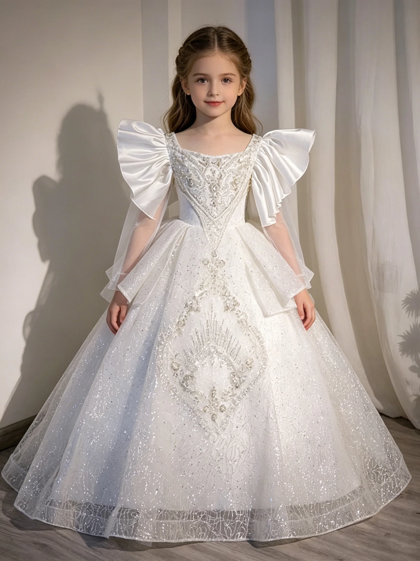 Flower Girl Dress White Applique Lace SatinLotus leaf sleeves Neck Todder Puffy Princess Evening Party First Communion Ball Gown
Flower Girl Dress White Applique Lace SatinLotus leaf sleeves Neck Todder Puffy Princess Evening Party First Communion Ball Gown