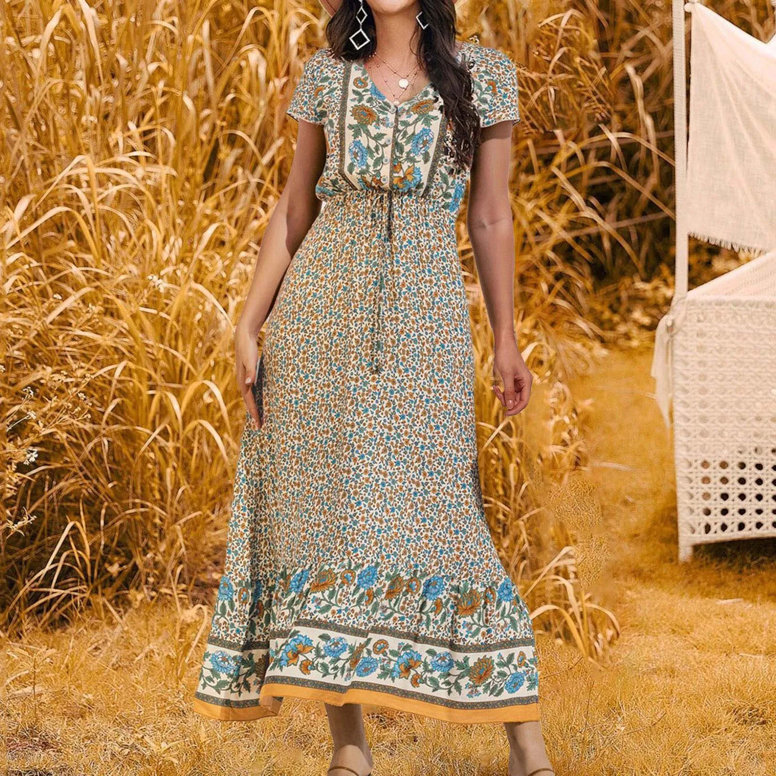2023 Summer Boho Style Floral Maxi Dress Women Elegant Long Party Dress Ladies Short Sleeve Vintage Flower Dress For Women
2023 Summer Boho Style Floral Maxi Dress Women Elegant Long Party Dress Ladies Short Sleeve Vintage Flower Dress For Women