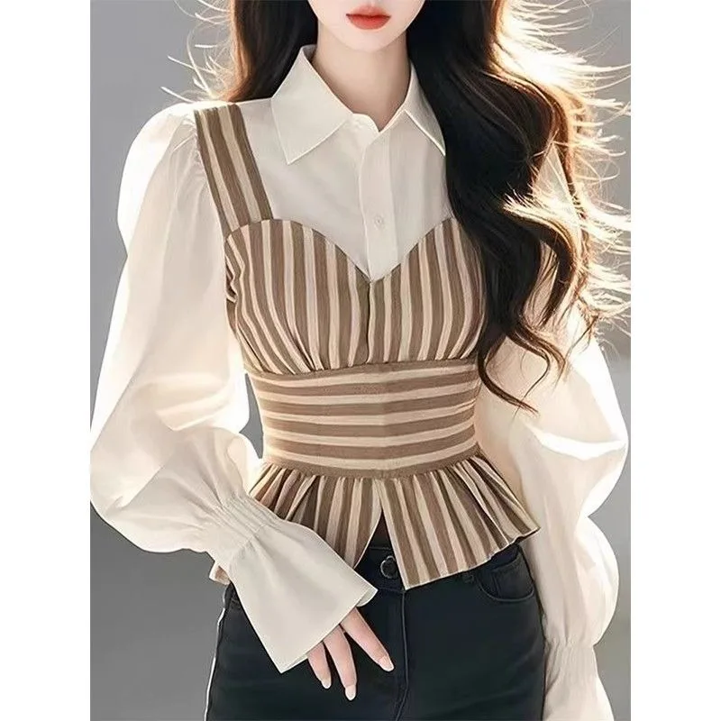 Striped Patchwork Shirt for Women Early Spring Style Layered Shirt Waist Top
Striped Patchwork Shirt for Women Early Spring Style Layered Shirt Waist Top