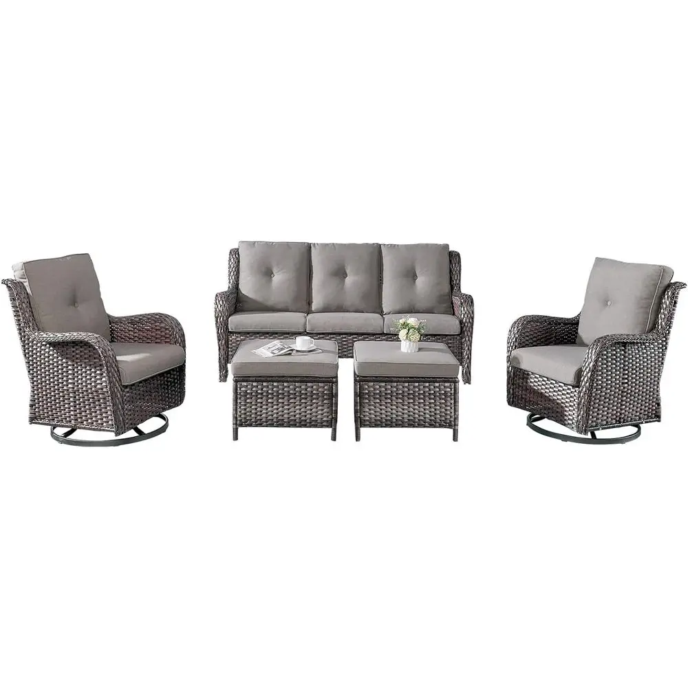 5-Piece Outdoor Rattan Sectional Set with 2 Swivel Rocking Chairs, 2 Ottomans, Sofa for Patio, Deck, or Garden in Mixed Grey
5-Piece Outdoor Rattan Sectional Set with 2 Swivel Rocking Chairs, 2 Ottomans, Sofa for Patio, Deck, or Garden in Mixed Grey