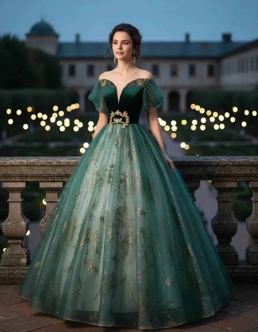 Luxury Dark Green Off Shoulder Quinceanera Princess Gown Gold Floral Tulle Lace Up Evening Party Prom Ball Dress Free Petticoat
Luxury Dark Green Off Shoulder Quinceanera Princess Gown Gold Floral Tulle Lace Up Evening Party Prom Ball Dress Free Petticoat