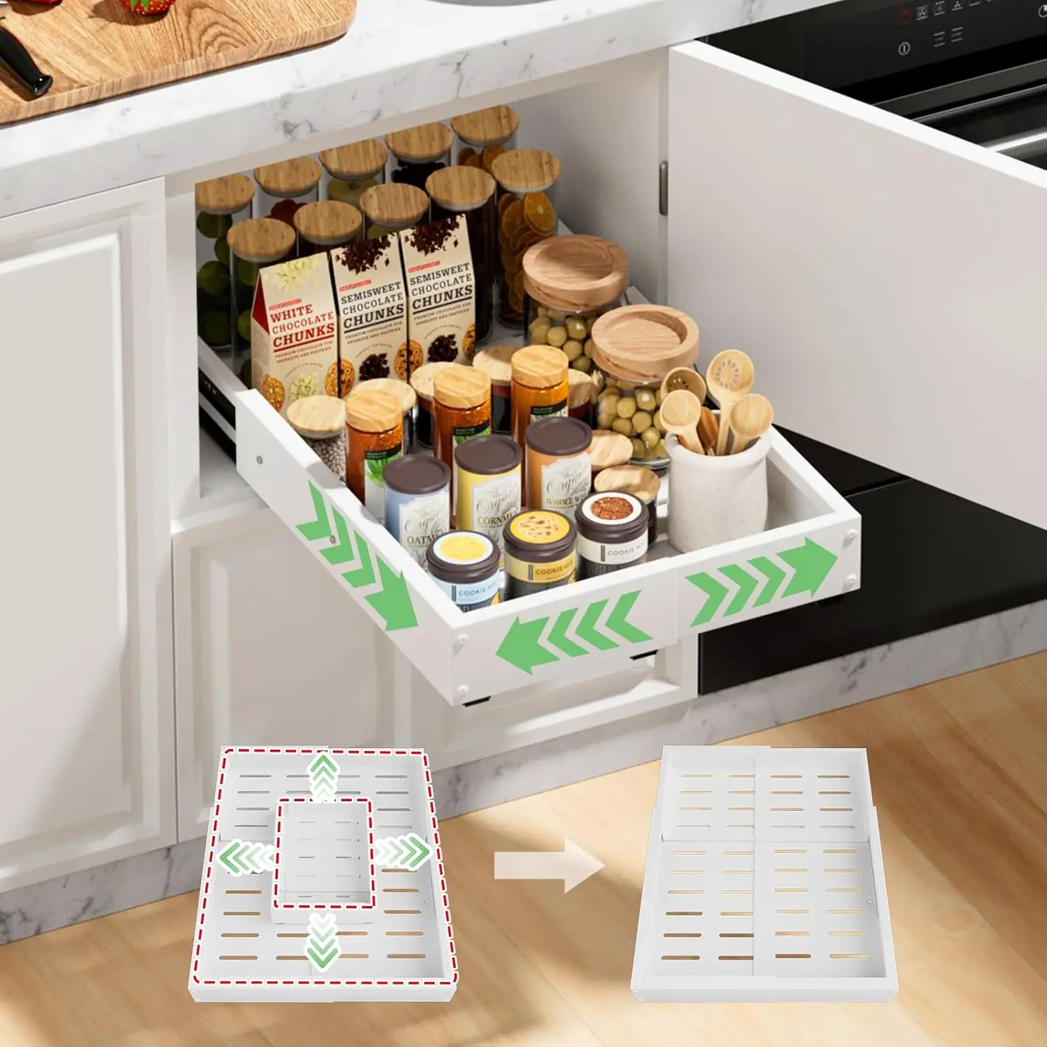 1 Pack Pull out Cabinet Organizer, Width (10"-16") Depth (17"-25"), with 3 Rails Adjustable Slide, Expandable Pullout Dr
1 Pack Pull out Cabinet Organizer, Width (10"-16") Depth (17"-25"), with 3 Rails Adjustable Slide, Expandable Pullout Dr