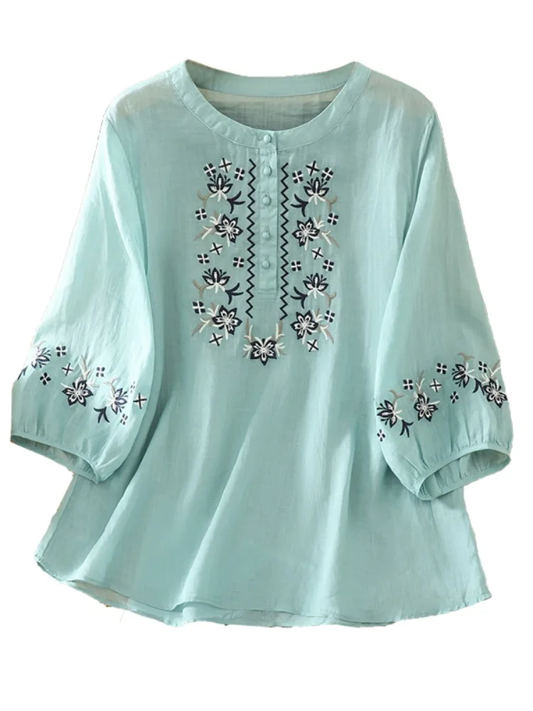 Ele Heavy Embroidery Cotton Linen irt Women's Summer Thin round Ne Overhead Lantern Sve Cotton Linen Top
Ele Heavy Embroidery Cotton Linen irt Women's Summer Thin round Ne Overhead Lantern Sve Cotton Linen Top