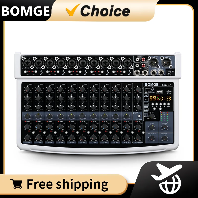 BOMGE 12-Channel Bluetooth Studio light Audio Mixer RCA, 48V Power, 99 DSP for home KTV, band performance
BOMGE 12-Channel Bluetooth Studio light Audio Mixer RCA, 48V Power, 99 DSP for home KTV, band performance