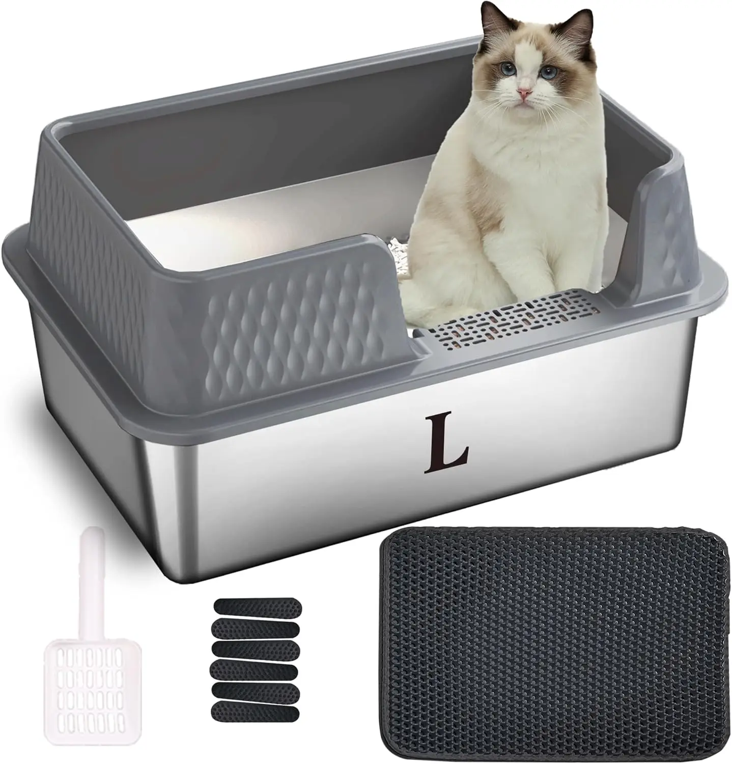 Small Stainless Steel Side Entry Litter Box with High Walls, Removable Lid, Litter Mat and Scoop for Medium Cats (Grey)
Small Stainless Steel Side Entry Litter Box with High Walls, Removable Lid, Litter Mat and Scoop for Medium Cats (Grey)
