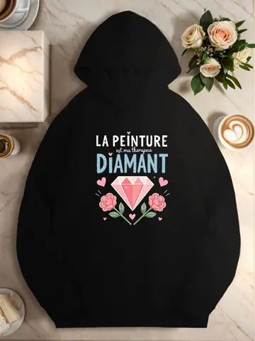 Women's French Diamond Graphic Hoodie Lettering Heart Design Cozy Hooded Pullover Sweatshirt for Fall Winter Casual Clothing