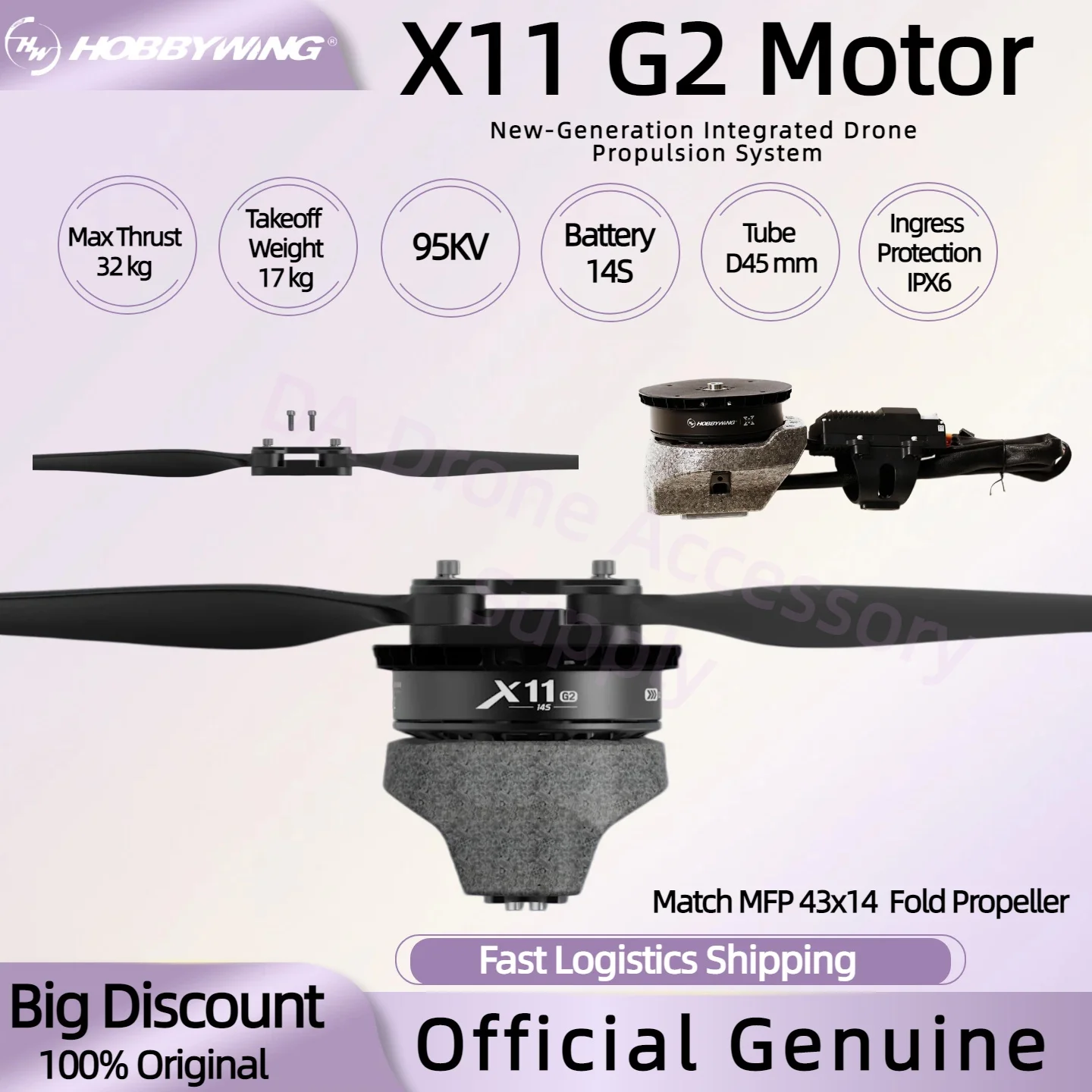 Hobbywing New X11 G2 Motor Integrated 4314 Propeller Max Thrust 32 kg 11115-95KV 14S D45mm For For 30L Agricultural Quadcopter
Hobbywing New X11 G2 Motor Integrated 4314 Propeller Max Thrust 32 kg 11115-95KV 14S D45mm For For 30L Agricultural Quadcopter