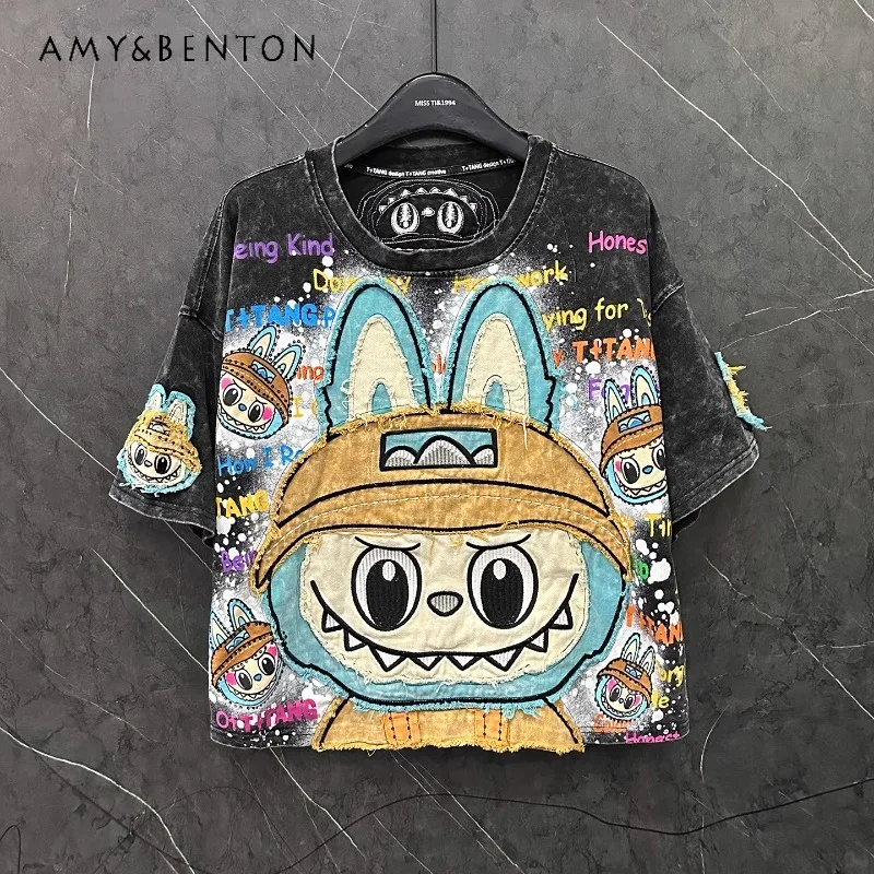 Summer New Kawaii Tees Heavy Industry Cartoon Patch Embroidery Cartoon Short Sleeved T-Shirt Women's Loose Casual Top Pullover
Summer New Kawaii Tees Heavy Industry Cartoon Patch Embroidery Cartoon Short Sleeved T-Shirt Women's Loose Casual Top Pullover