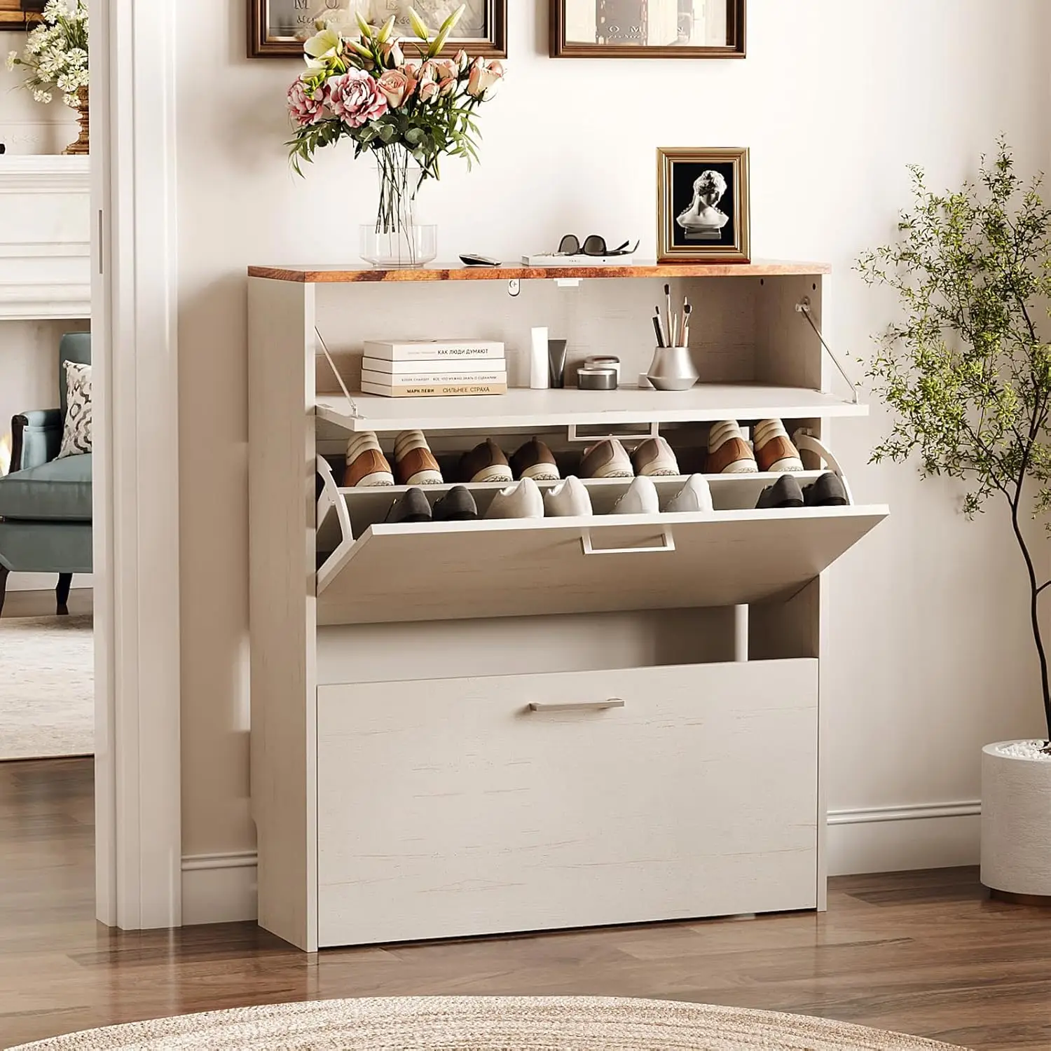 Slim Shoe Cabinet with 3 Flip Drawers Rustic Brown Top Washed White Body Narrow Hidden Entryway Hallway 9.5in Depth, Customized
Slim Shoe Cabinet with 3 Flip Drawers Rustic Brown Top Washed White Body Narrow Hidden Entryway Hallway 9.5in Depth, Customized