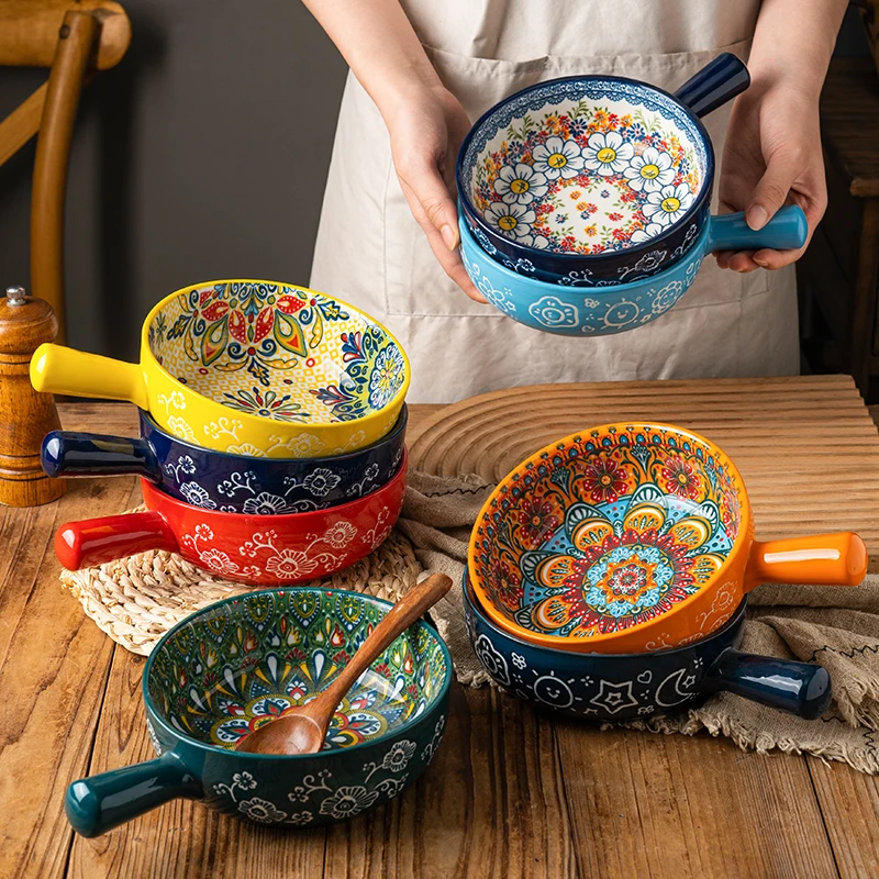 Bohemian Ceramic Handle Bowl Household Fruit Salad with Handle Instant Noodle Bowl Oven Special Baking Trays Decorative
Bohemian Ceramic Handle Bowl Household Fruit Salad with Handle Instant Noodle Bowl Oven Special Baking Trays Decorative