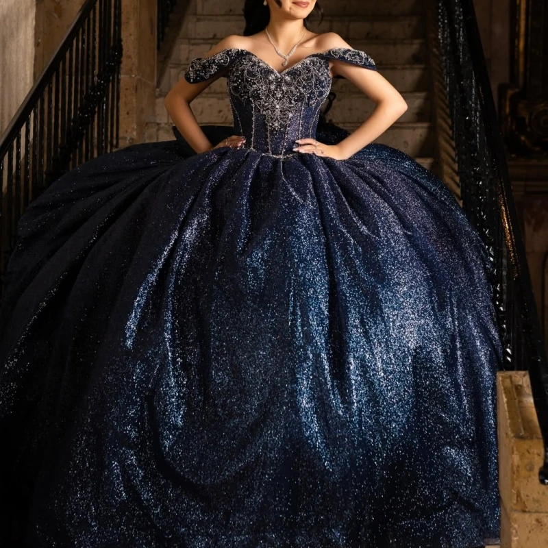 Navy Blue Shiny Ball Gown Quinceanera Dresses Sequin Applique Lace Beading Crystal Bow Tull Corset Off The Shoulder Sweet 16
Navy Blue Shiny Ball Gown Quinceanera Dresses Sequin Applique Lace Beading Crystal Bow Tull Corset Off The Shoulder Sweet 16