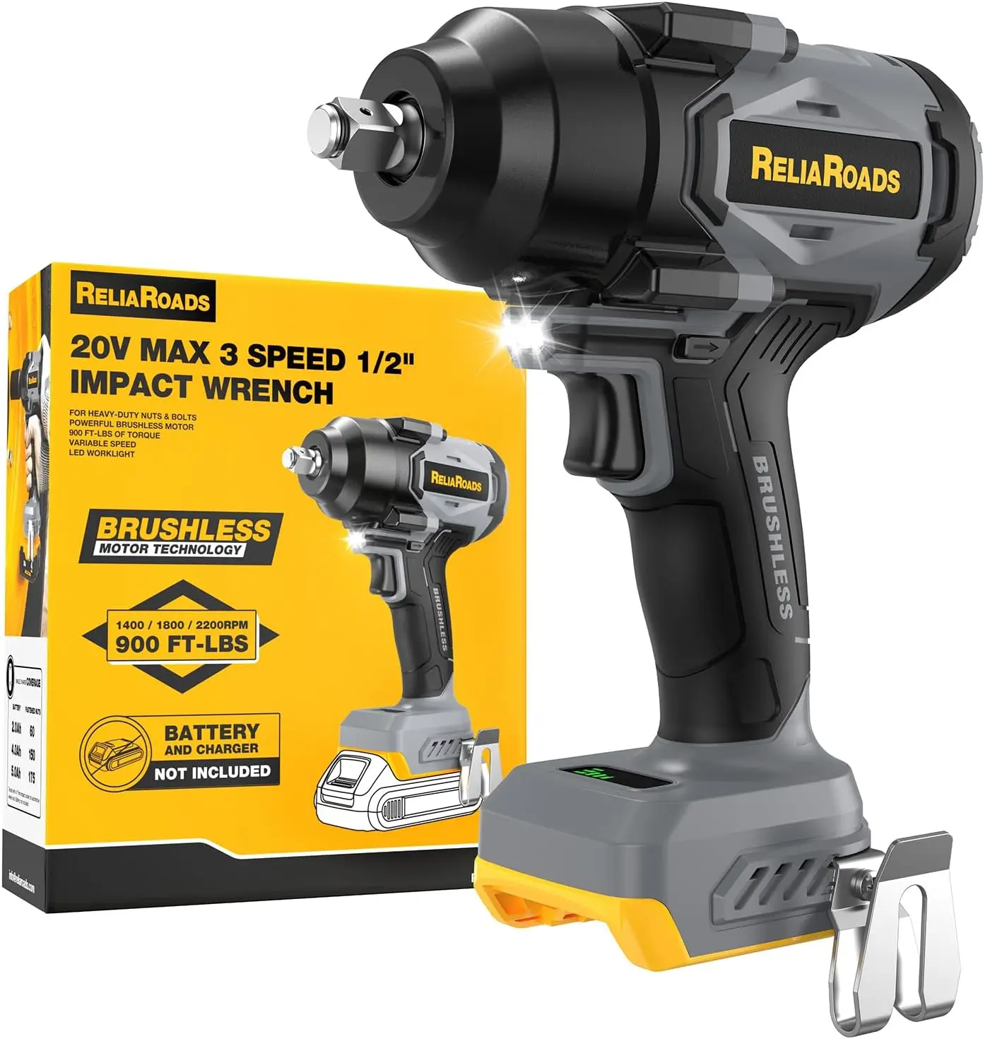 1/2 Inch Cordless Impact Wrench, 900 Ft-lbs High Torque, Brushless Motor with 3 Speeds, Tool Only
1/2 Inch Cordless Impact Wrench, 900 Ft-lbs High Torque, Brushless Motor with 3 Speeds, Tool Only
