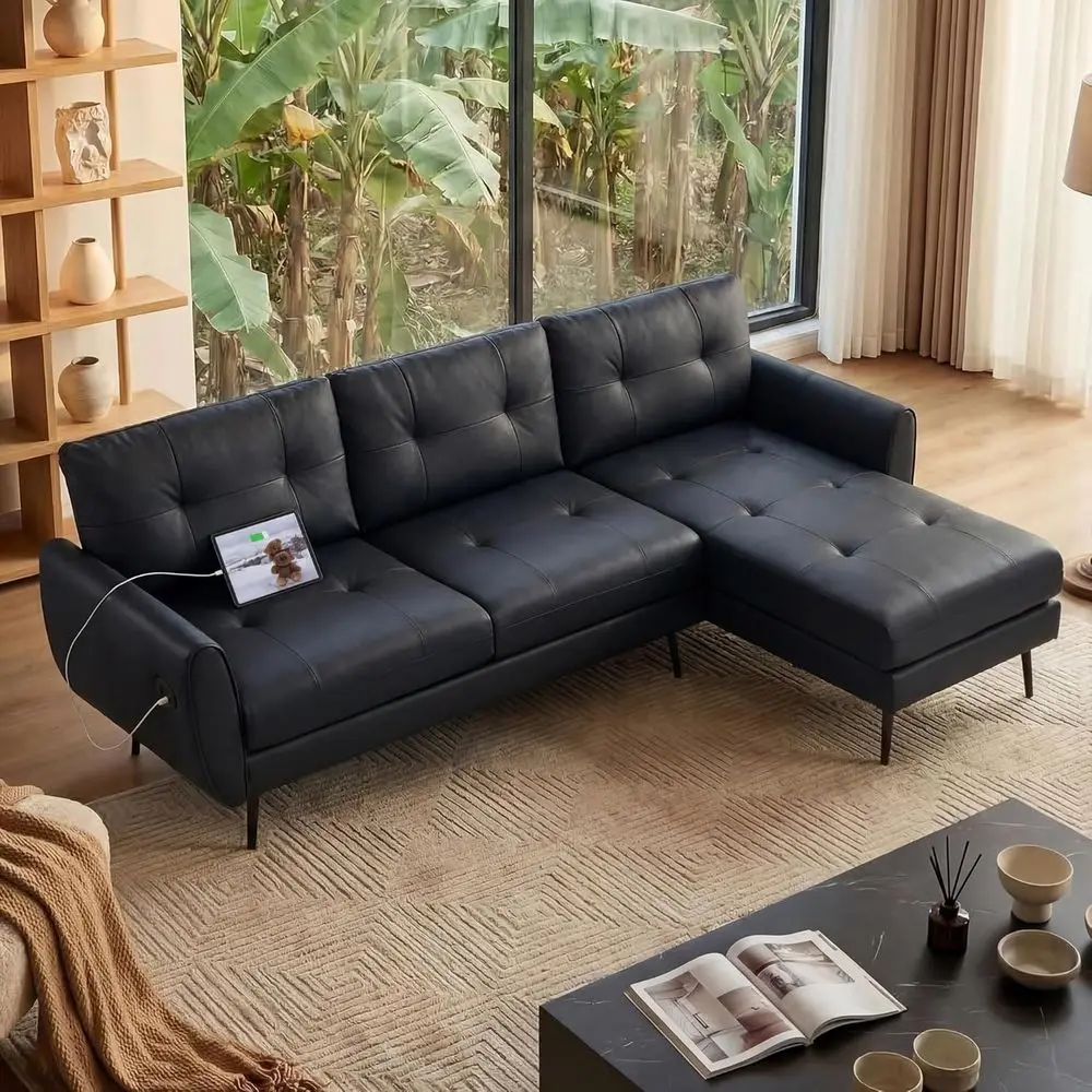 89 Inch 3-Seat L-Shaped Leather Sectional Sofa with USB & Type-C Ports, Small Deep-Seat Chaise in Black
89 Inch 3-Seat L-Shaped Leather Sectional Sofa with USB & Type-C Ports, Small Deep-Seat Chaise in Black