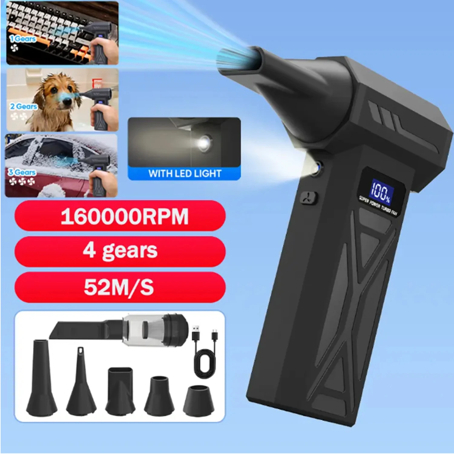Ручной воздуходувка с 4 передачами для бытового чистящего инструмента, электрическая воздушная тряпка, 110000 об/мин, сильное выдувание снежной пыли, портативный турбоструйный вентилятор
Ручной воздуходувка с 4 передачами для бытового чистящего инструмента, электрическая воздушная тряпка, 110000 об/мин, сильное выдувание снежной пыли, портативный турбоструйный вентилятор