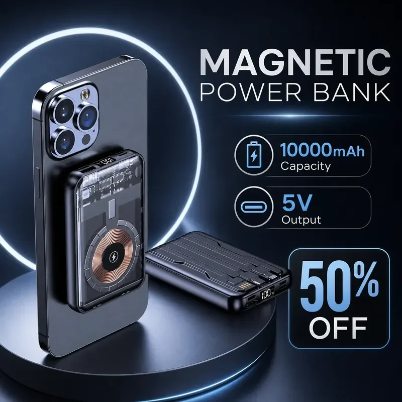 20000mAh 5V Battery Power Bank for Magnetic Fast Charging Portable Mobile Phone Power Supply with Built-in Cable Wireless
20000mAh 5V Battery Power Bank for Magnetic Fast Charging Portable Mobile Phone Power Supply with Built-in Cable Wireless