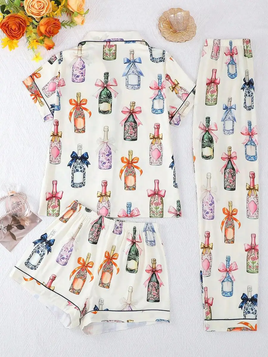 3pcs Women Sleepwear Set With Shorts And Long Pants Bow Bottle Print Short Sleeve Lapel Pajamas
3pcs Women Sleepwear Set With Shorts And Long Pants Bow Bottle Print Short Sleeve Lapel Pajamas