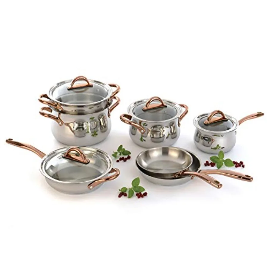 11 Piece Ouro Cookware Set with Gold Handles and Glass Lids, Silver/Rose
11 Piece Ouro Cookware Set with Gold Handles and Glass Lids, Silver/Rose