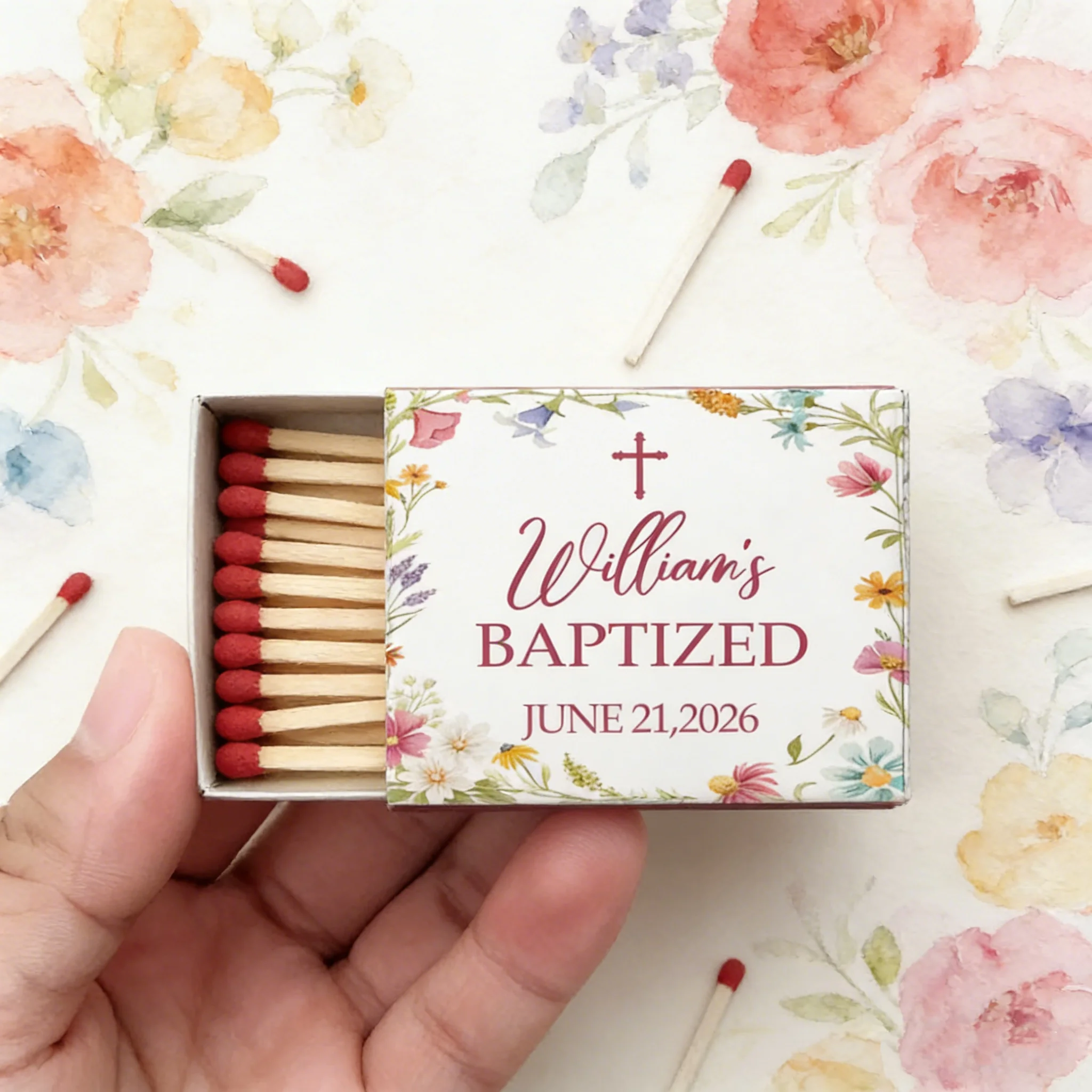 Custom Religious Celebration Matchbooks | Wildflower Design Baptism Favors with Personalized Name & Date
Custom Religious Celebration Matchbooks | Wildflower Design Baptism Favors with Personalized Name & Date