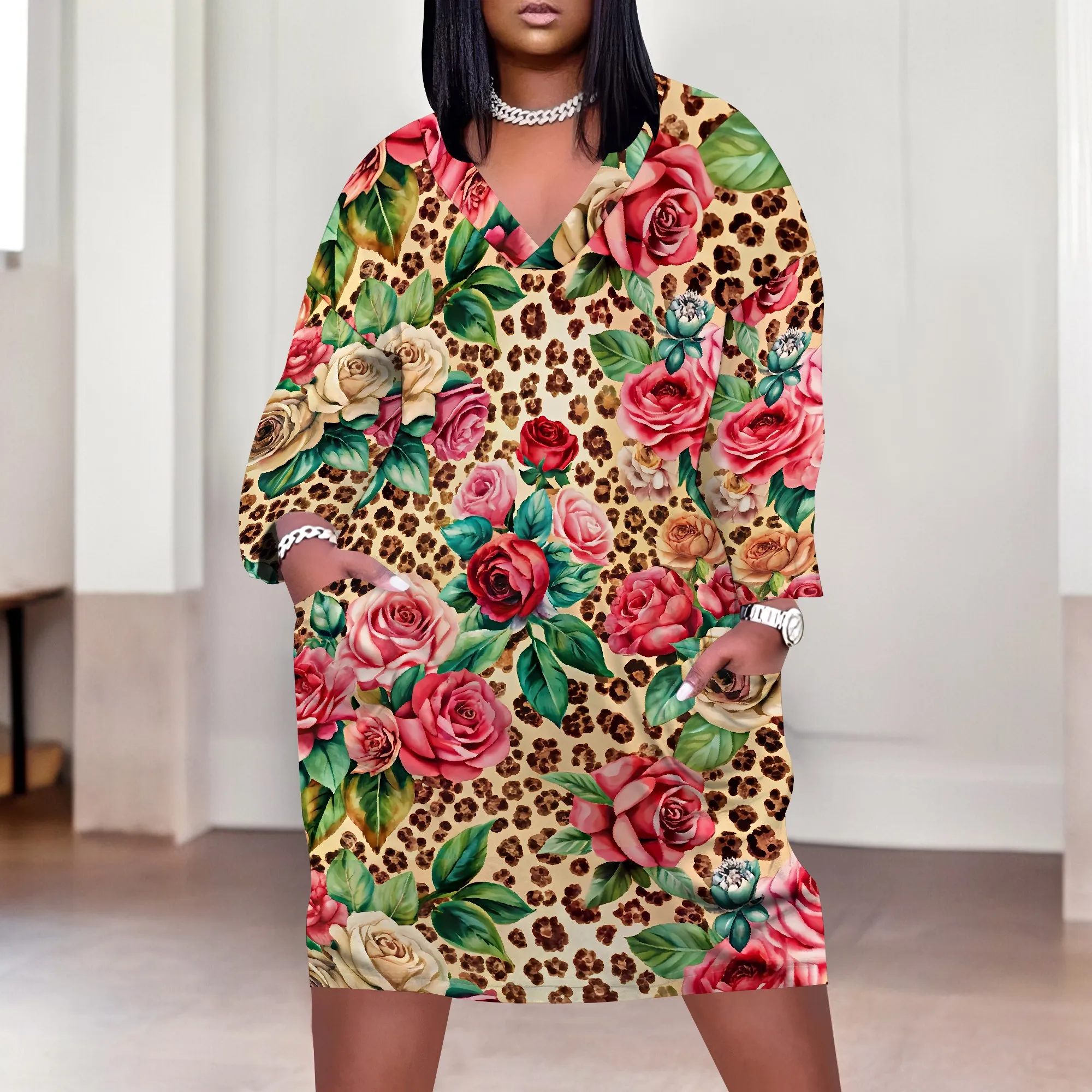 Plus Size Leopard Print Rose Dress for Women XL-6XL, V-Neck Floral & Animal Print, Elegant and Bold for Casual & Evening Wear
Plus Size Leopard Print Rose Dress for Women XL-6XL, V-Neck Floral & Animal Print, Elegant and Bold for Casual & Evening Wear
