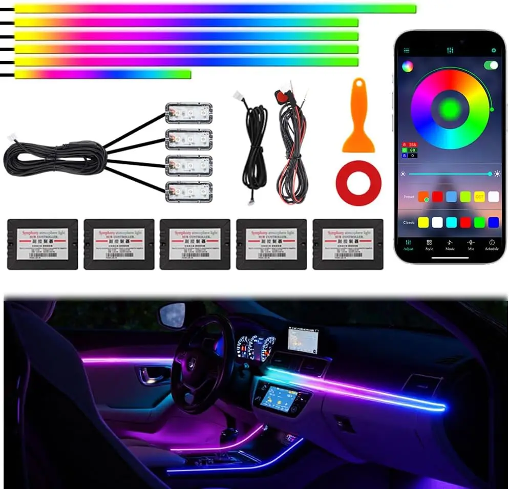 Acrylic Car Ambient Lighting Kits, LED Strip with Wireless APP, 10 in 1 Neon Fiber Optic Lights with Music Modes
Acrylic Car Ambient Lighting Kits, LED Strip with Wireless APP, 10 in 1 Neon Fiber Optic Lights with Music Modes